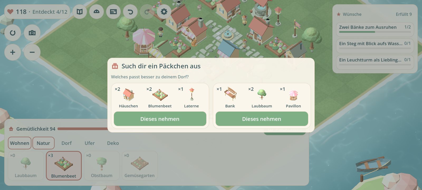 Zwei Bau-Päckchen nebeneinander zur Auswahl, jedes mit einigen neuen Bauteilen für das Dorf.